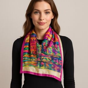6- Women’s Abstract Cityscape Scarf 100% Polyester NWT – Multicolor Art Print